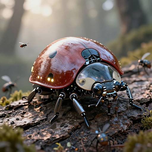 Photograph of a shiny red ladybug with water droplets, detailed black legs, and large eyes, on a moss-covered forest log with a hovering