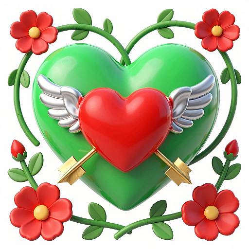 Glossy Green Heart with Cupid Arrows