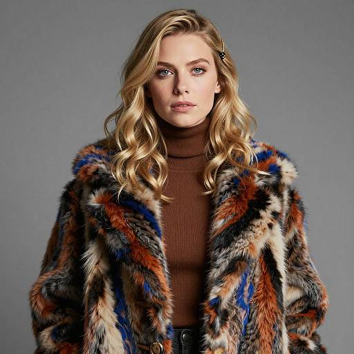 Blonde Woman in Colorful Fur Coat