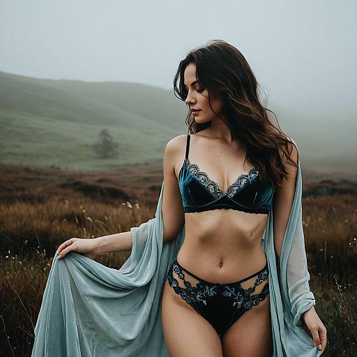Woman in Velvet Lingerie on Foggy Moor