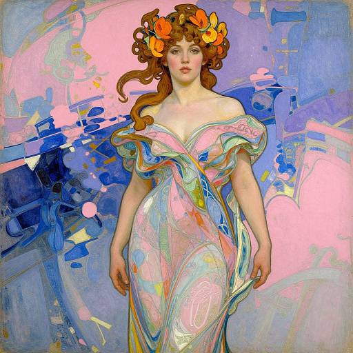 Digital painting of a fair-skinned woman with wavy brown hair, adorned with orange flowers, wearing an off-shoulder, iridescent dress