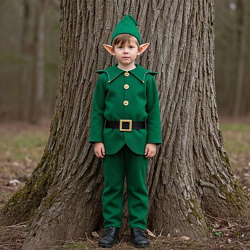 Photograph of a young boy with pointed elf ears, wearing a green elf costume, standing in front of a large tree in a forest.