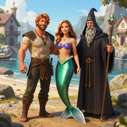 CGI fantasy scene: muscular bearded man in leather, mermaid with green scales, and bearded wizard with staff, on sunny beach with medieval
