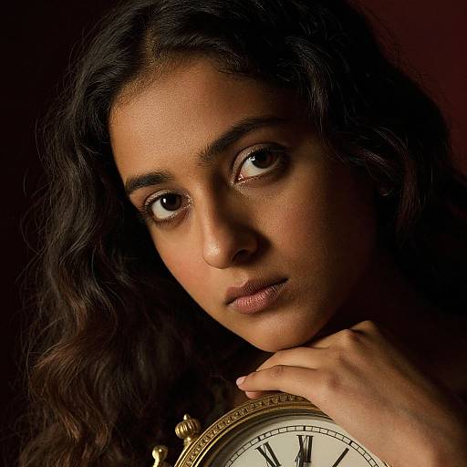 Photograph of a young South Asian woman with long, wavy dark hair, holding a vintage clock, gazing intently with warm, brown eyes