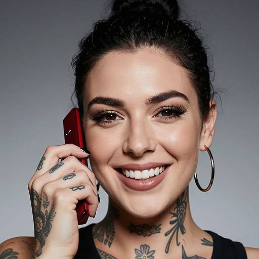 Photograph of a smiling woman with dark hair in a bun, hoop earrings, tattoos, holding a red phone, gray gradient background.