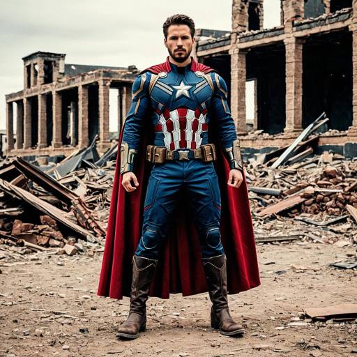 Man in Avengers-Style Superhero Costume Standing in Ruins