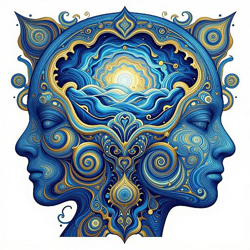 Digital art of a blue, intricately patterned human head profile with swirling gold and white details, featuring a radiant central sun.