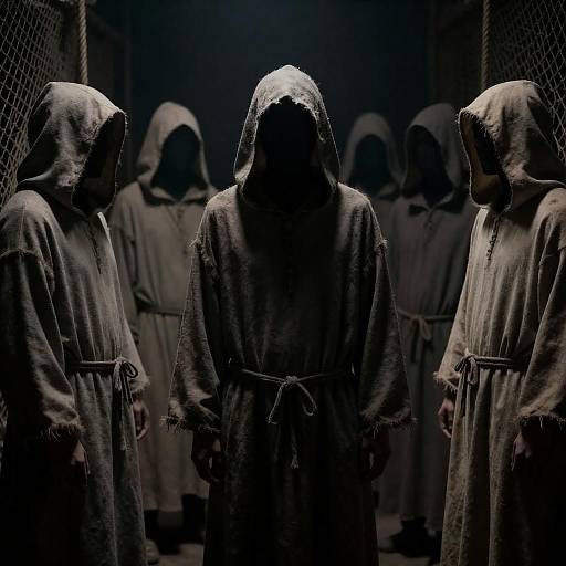 Six Hooded Figures in Dark Corridor