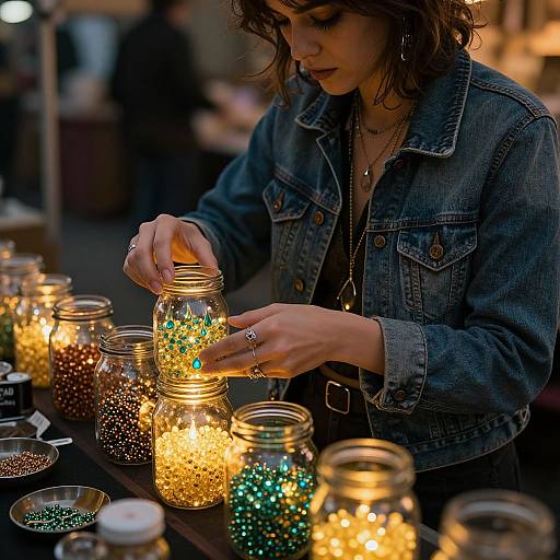 Photograph of a woman with wavy brown hair, wearing a denim jacket, filling a jar with colorful, glowing beads at a dimly lit market