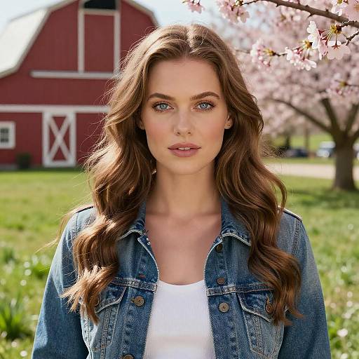 Photograph of a young woman with long brown wavy hair, blue eyes, wearing a denim jacket over a white top, standing in a sunny grass