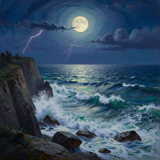 Dramatic night scene of a stormy ocean with crashing waves, lightning, and a full moon shining through dark clouds over rocky cliffs.