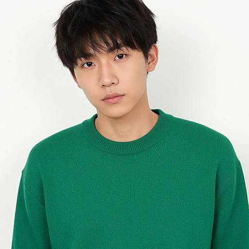 Photograph of a young Asian man with short black hair, fair skin, and neutral expression, wearing a green ribbed sweater, against a white background