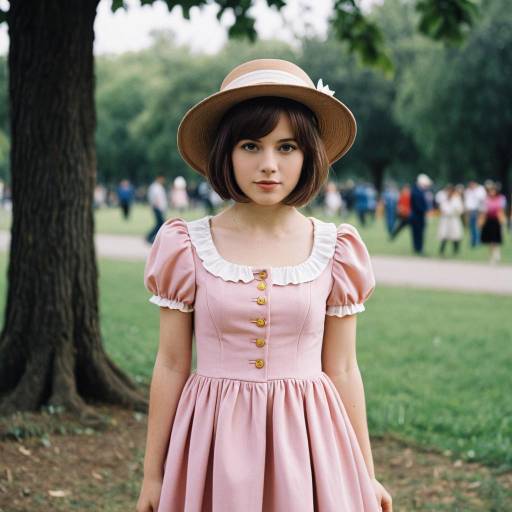 Young Woman in Pink Vintage Dress and Straw Hat Outdoors