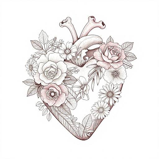 Detailed black-and-white ink drawing of a heart adorned with roses, daisies, and bones, featuring intricate line work and texture.
