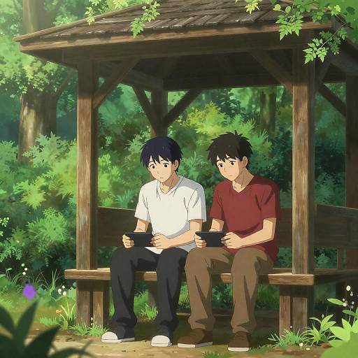 Two Young Men Sitting Under Wooden Gazebo in Forest