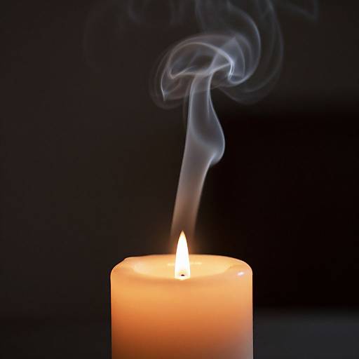 Photograph of a glowing orange candle with rising, wispy blue smoke against a dark background, highlighting the candle's soft, warm light.
