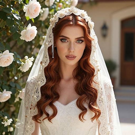 Photograph of a fair-skinned, red-haired bride with blue eyes, wearing a white lace wedding dress and veil, surrounded by white roses.