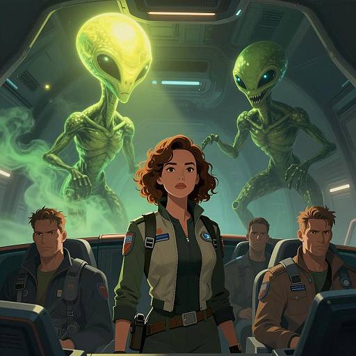 Sci-Fi Pilot Facing Alien Intruders in Spaceship Cockpit