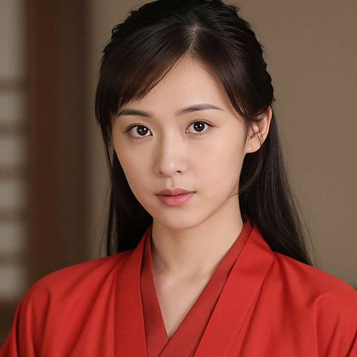 Photograph of a young East Asian woman with long black hair, wearing a red traditional Japanese kimono, against a blurred brown background.