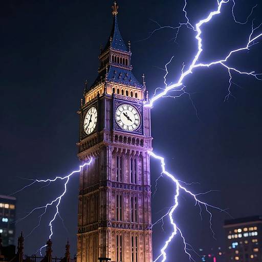 Photograph of London's Big Ben clock tower illuminated by vivid purple lightning bolts against a dark night sky.
