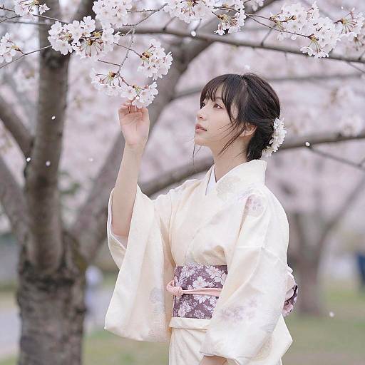 Photograph of a young Japanese woman in a white kimono with a purple obi, standing under blooming cherry blossoms, gently touching a flower