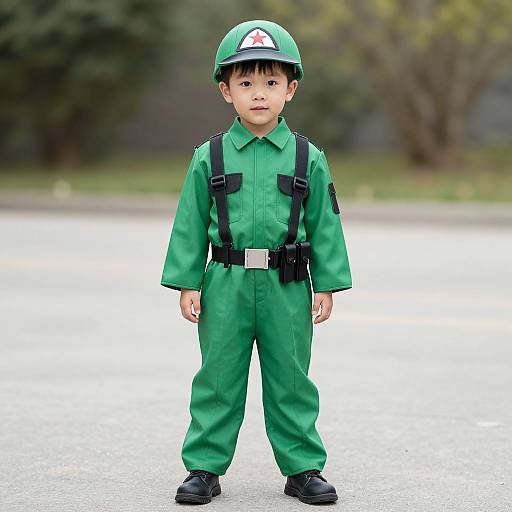 Photograph of a young Asian boy in a green uniform with black straps, hat, and black shoes, standing on a paved path. Blurred green
