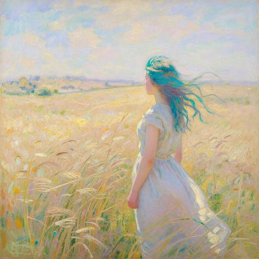 Digital painting of a woman with flowing blue-green hair in a white dress, standing in a sunlit golden field, with soft pastel colors and a