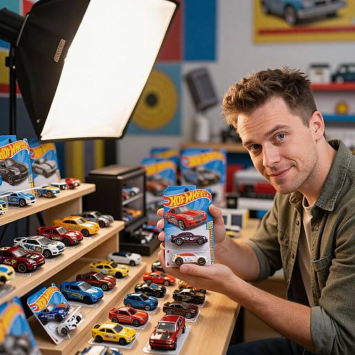 Photograph of a smiling man with short brown hair, wearing a green shirt, holding a Hot Wheels car package in a colorful toy store. Shelves