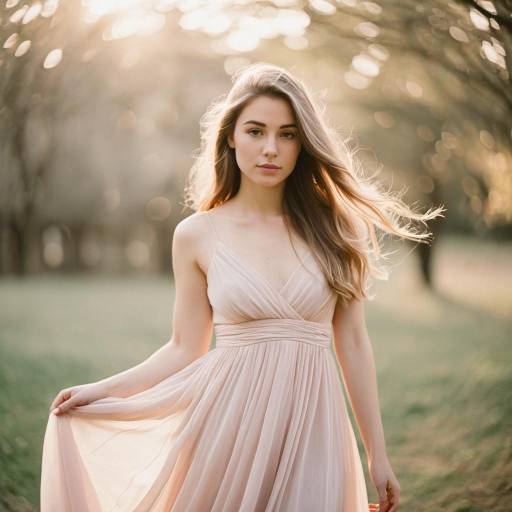 Young Woman in Flowing Pale Pink Dress Outdoors