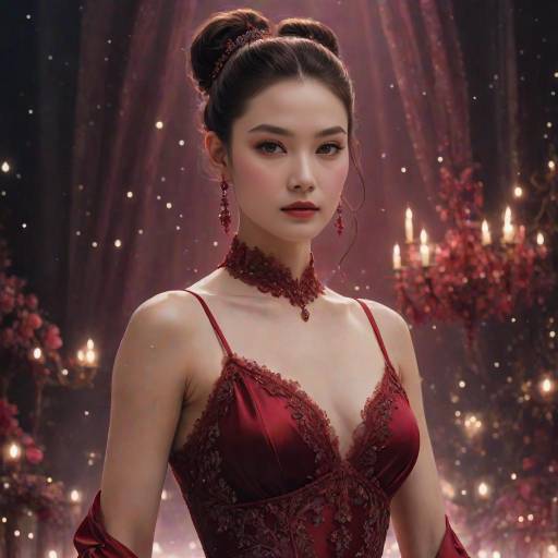 Young Woman in Elegant Red Dress at Night