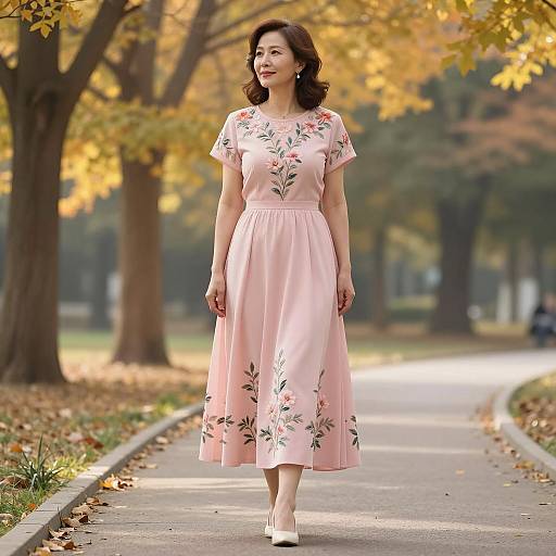 Elegant Woman in Pink Floral Dress in Autumn Park