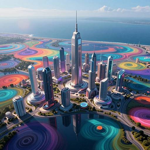 Aerial photograph of a futuristic city with towering skyscrapers, vibrant, rainbow-colored swirls on roads, and a bright blue ocean in the background