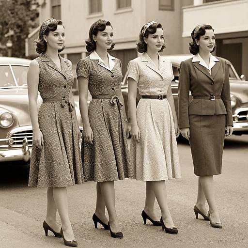 Photograph of three 1940s-style women in vintage dresses and heels, standing on a street with classic cars in the background.