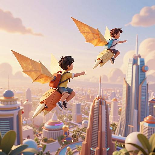 Digital anime-style illustration of two fairy-like children with orange wings flying over a vibrant, sunlit cityscape with tall skyscrapers.