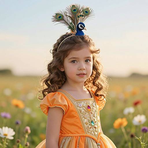 Photograph of a young girl with curly brown hair, wearing an orange dress with floral embroidery, and a peacock feather headband, standing in a