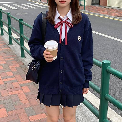 Japanese Schoolgirl in Blue Cardigan Holding Coffee