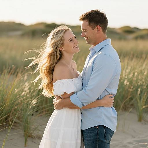 Photograph of a smiling blonde woman in a white off-shoulder dress and a dark-haired man in a light blue shirt hugging on a sunny