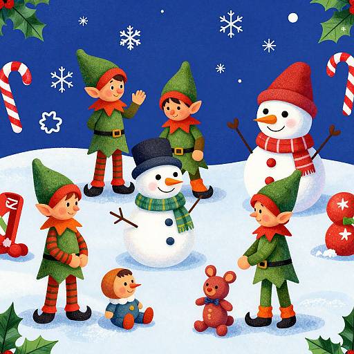 Colorful Christmas illustration: five elf children, two snowmen, child, teddy bear, candy canes, snowflakes, holly,