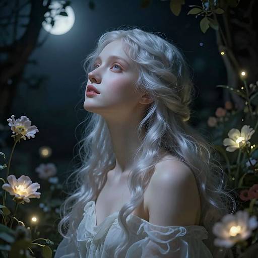 Photorealistic digital artwork of a fair-skinned, ethereal woman with long, wavy silver hair, wearing a sheer white off-shoulder