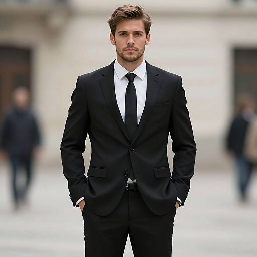 Photograph of a handsome, young Caucasian man with short brown hair, wearing a black suit, white shirt, and black tie, standing confidently with hands