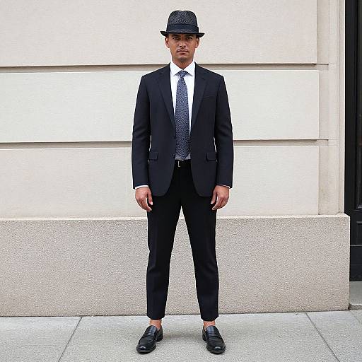 Photograph of a young man in a black suit, white shirt, patterned tie, black fedora, and black loafers, standing against a