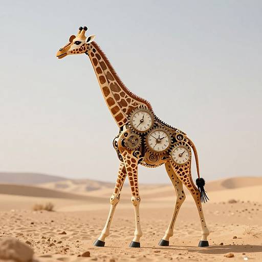 Photograph of a giraffe with six clocks on its body, walking in a desert with sandy dunes and clear sky.