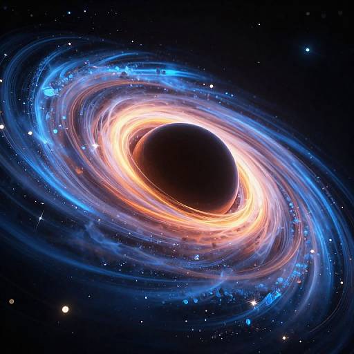 Digital illustration of a glowing, spiral galaxy with a dark, eclipsing central sun surrounded by vibrant blue and orange swirling energy, set against a star-st