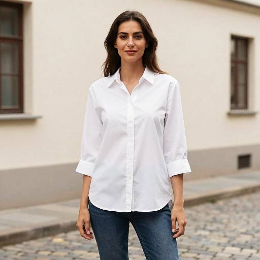 Woman in Tunic on Cobblestone Street