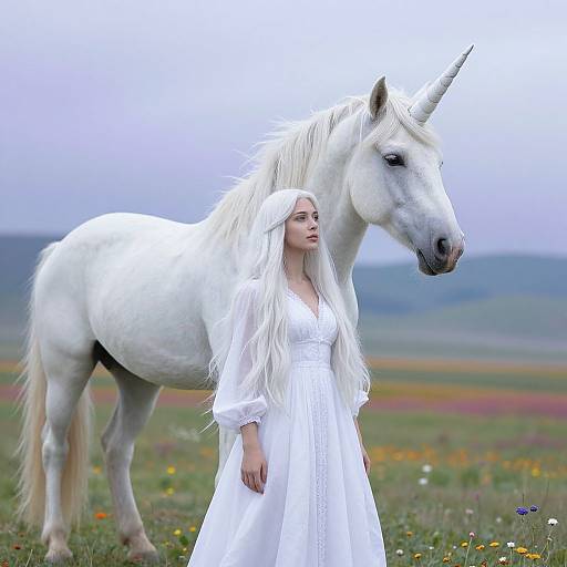 Ethereal Woman and Unicorn Scene