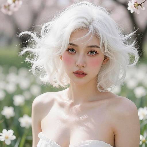 Blushing White-Haired Beauty in Spring