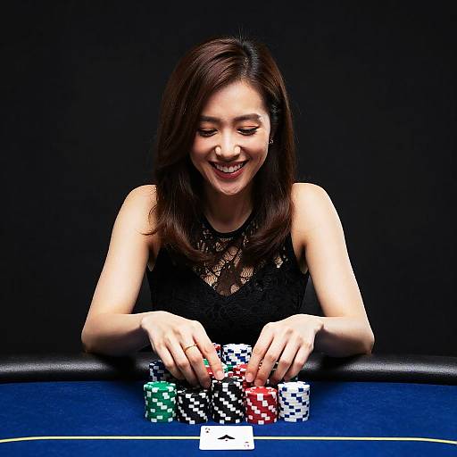 Photograph of smiling Asian woman with long brown hair, wearing black lace top, arranging colorful poker chips on blue casino table.