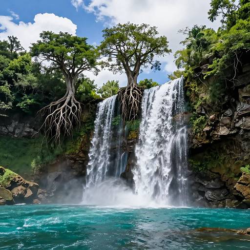 Photograph of a vivid waterfall cascading into a turquoise pool, surrounded by lush green trees with exposed roots, under a bright blue sky with white clouds