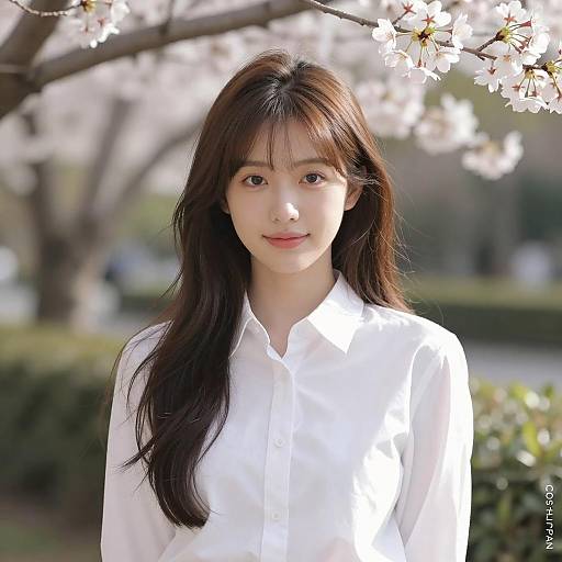 Young Asian Woman Among Cherry Blossoms