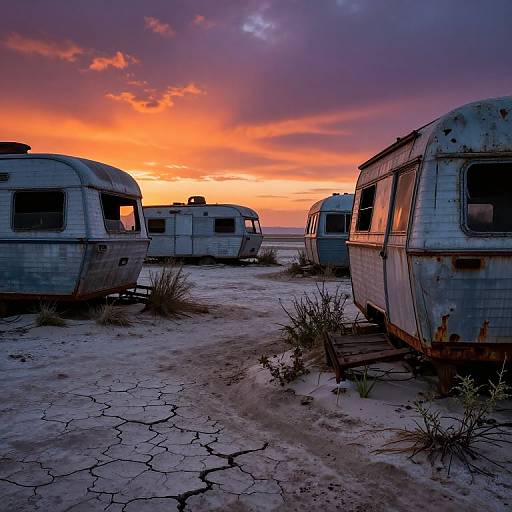 Photograph of abandoned, rusted silver trailers in a cracked, desert landscape at sunset, with vibrant orange, purple, and pink sky.